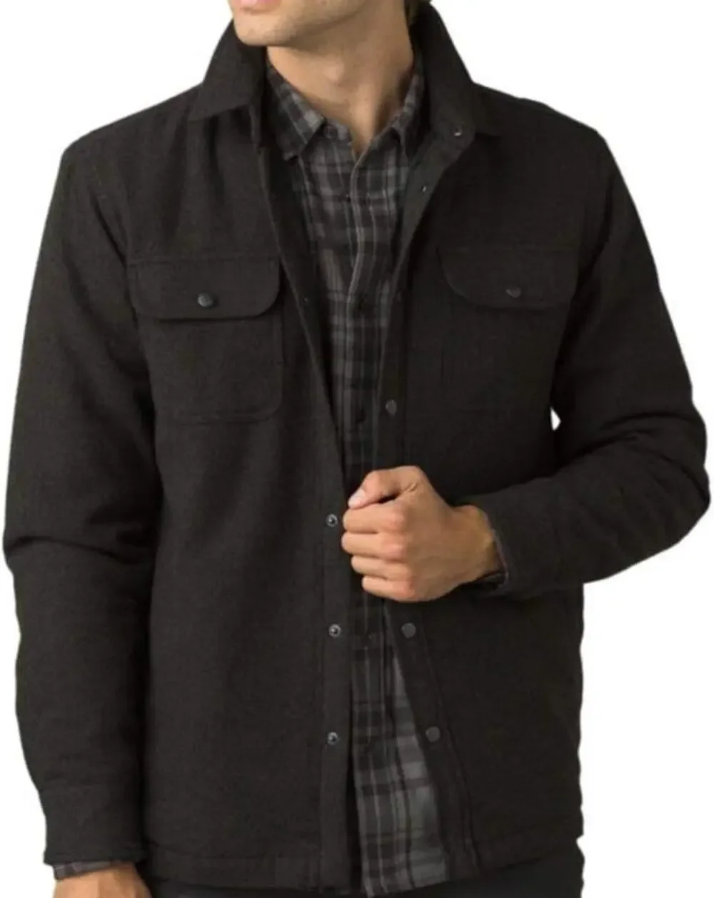 prAna Dock Jacket Organic Cotton Flannel Button Down Chest Pockets Black Large